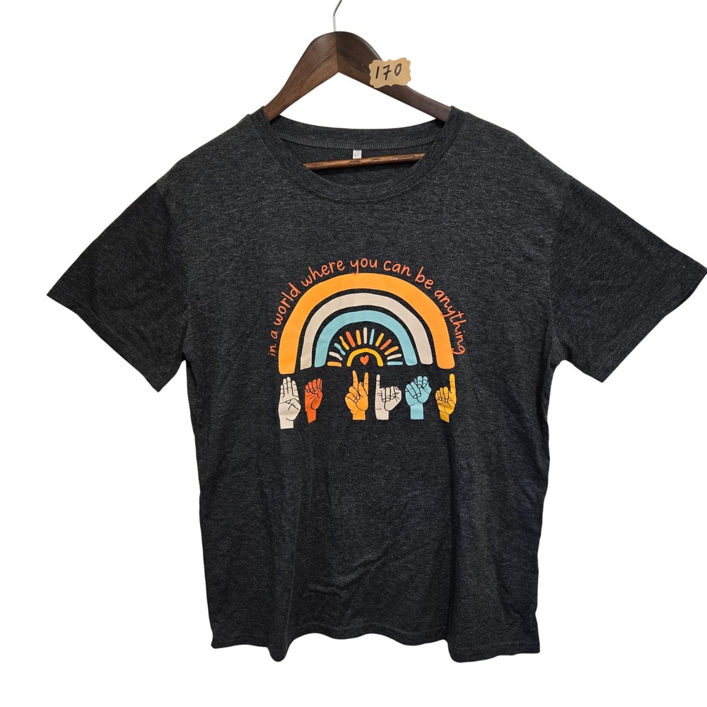 ASL Be Kind Rainbow T-Shirt Womens XL Charcoal Gray Short Sleeve Graphic Tee